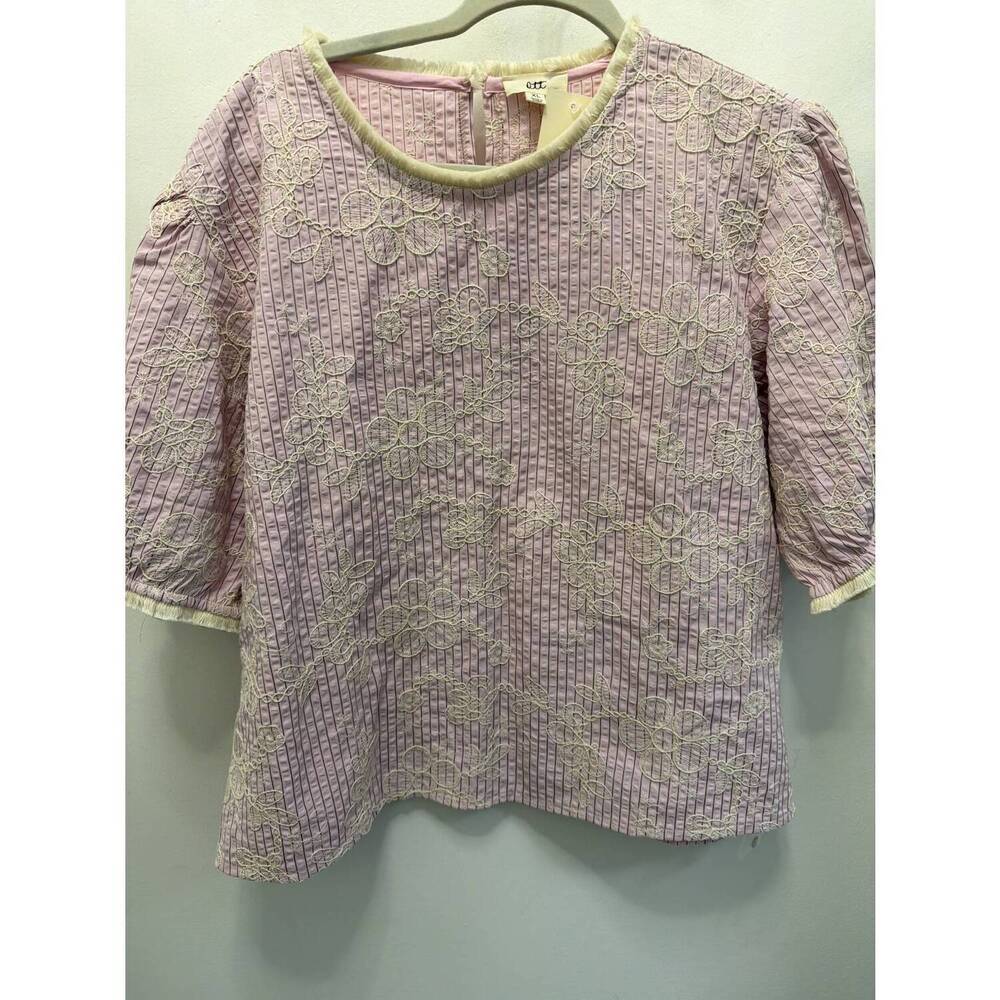 NEW LIME N CHILI women's floral embroidery stripe top in pink